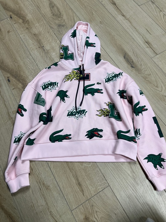 Lacoste Tops - Lacoste Pink Hoodie with Green Crocodile & Graphic Print